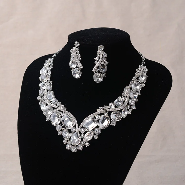 Luxury Rhinestone Wedding Jewelry Sets Earrings Geometric Crystal Statement Necklace Set for Bride African Bridal Jewelry Sets