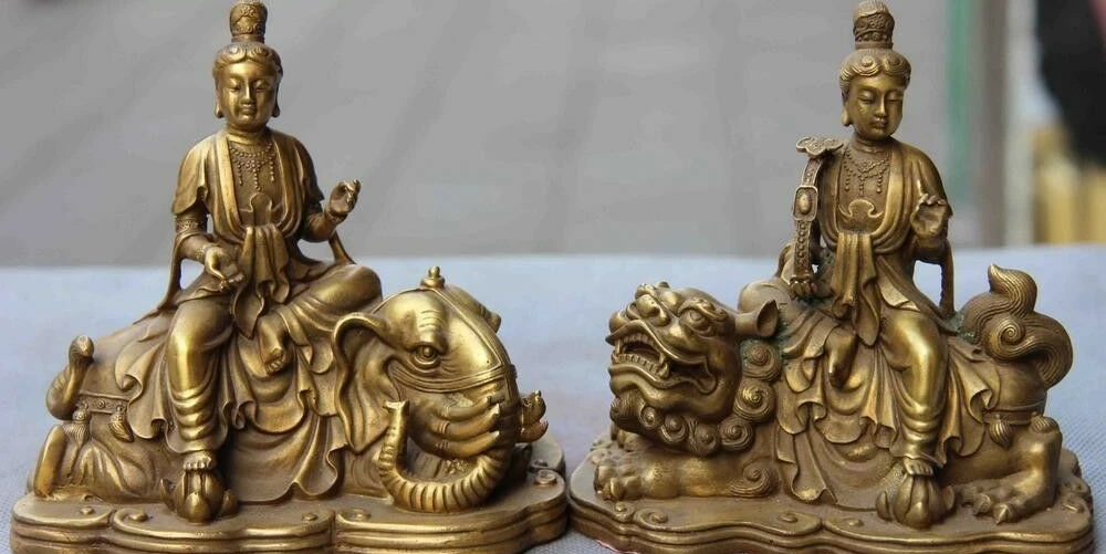 A Pair Tibet Brass Copper Manjushri Manjusri Samantabhadra Kwan-yin Bodhisattva Statue