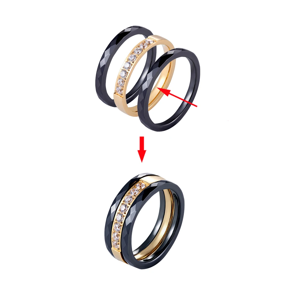 3pcs/Set New Hot Black Pink White Ceramic Rings Stainless Steel Ceramic Three Lines Wedding Ring With Crystal Jewelry For Women