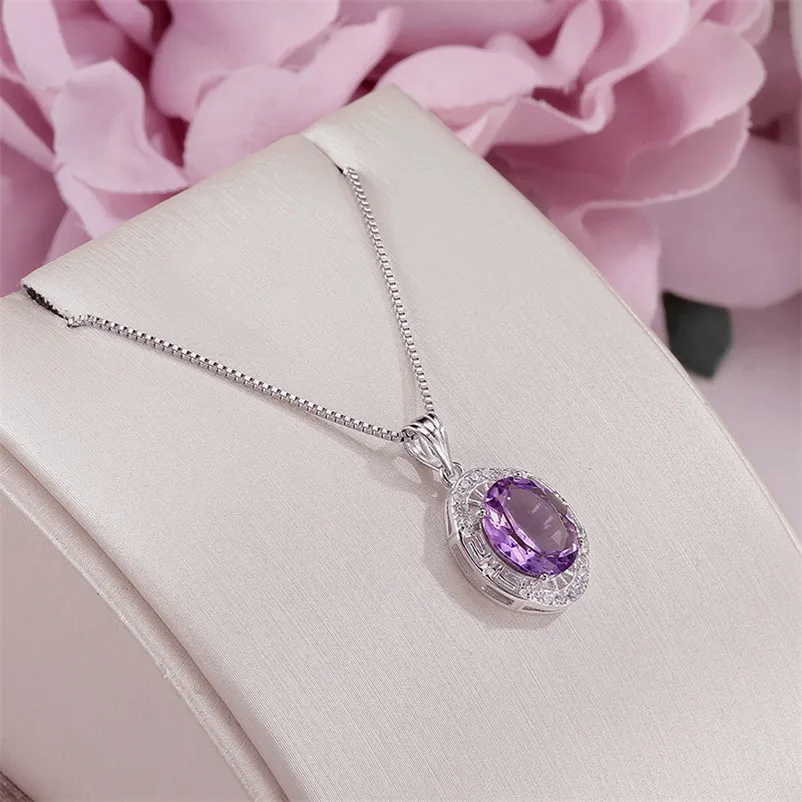 Fine Jewelry Necklace Pendant For Women 10*8mm Natural Amethyst Purple Oval Gemstone Luxury Necklaces White Gold Plated CCN010