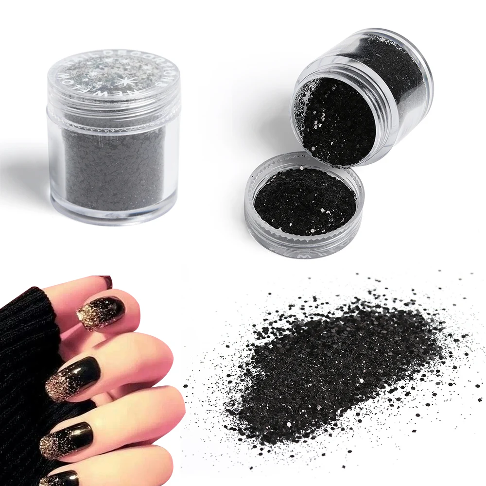 10G/Bottle Black Sequins Powder Dust DIY Nail Glitter Mixed Size Nail Art Designs Black Acrylic UV Mix Glitter Manicure Decor