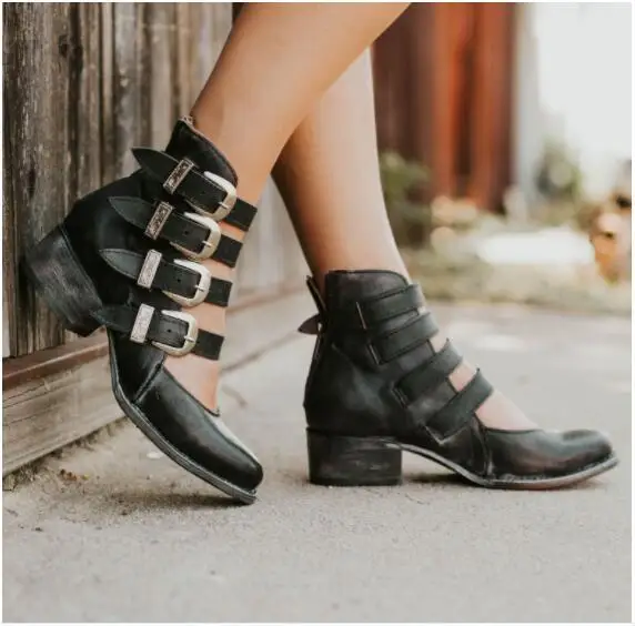 New personality zipper made old style women\'s single shoes fashion thick with high heel belt buckle short boots Big yards 34-43