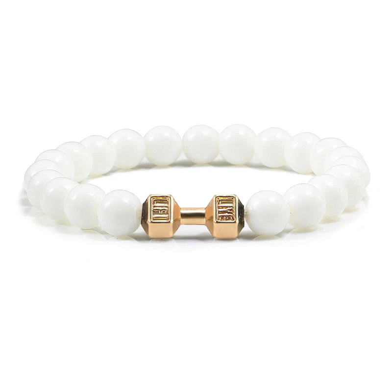Natürliche Vulkanstein Armband Männer Matte Schwarz Lave Weiße Perlen Charme Hantel Strang Armbänder Frauen Barbell Fitness Schmuck