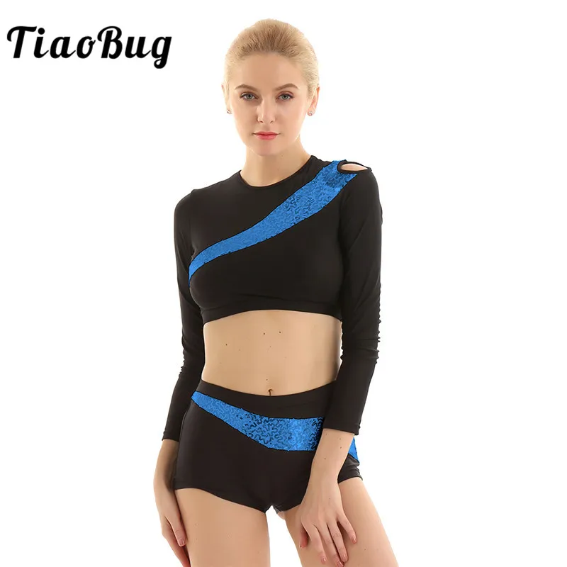 TiaoBug Women Shiny Sequins Long Sleeves Sports Gymnastics Crop Tops Shorts Set Fitness Dancewear Team Competition Dance Costume