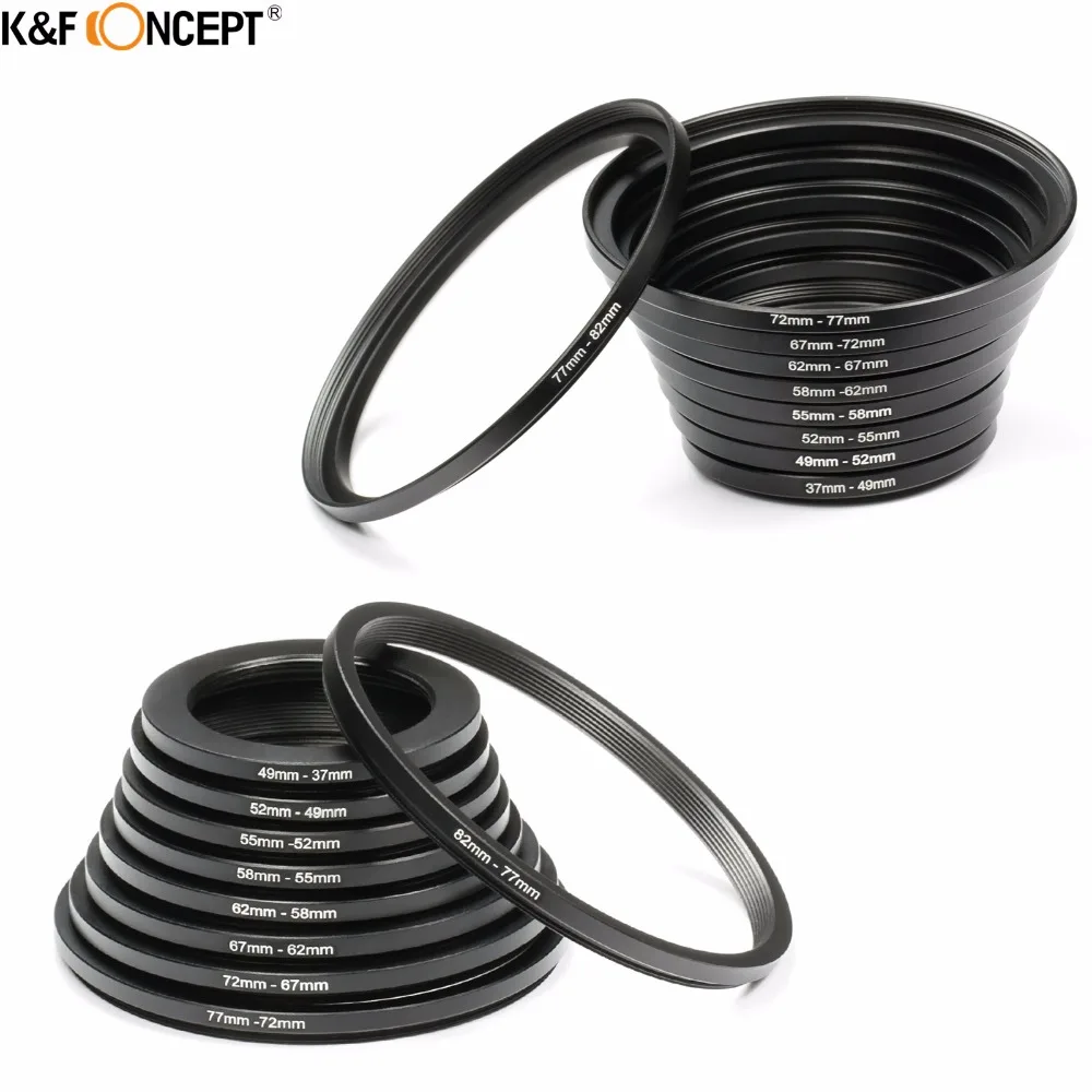 K&F CONCEPT 18pcs Camera Lens Filter Step Up/Down Adapter Ring Set 37-82mm 82-37mm for Canon Nikon Sony DSLR Camera Lens