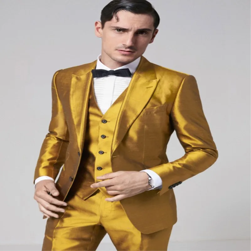 

Latest Coat Pant Designs Gold Satin Men Suit Formal Skinny Stage Blazer Shiny Prom Style Tuxedo Custom 3 Piece Jacket Pant Terno