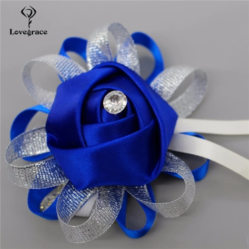 Lovegrace New 1pc/3pcs Simulation Silk Blue Roses Flower Wrist Flower Corsage DIY Headdress Hat Wedding Party Decoration