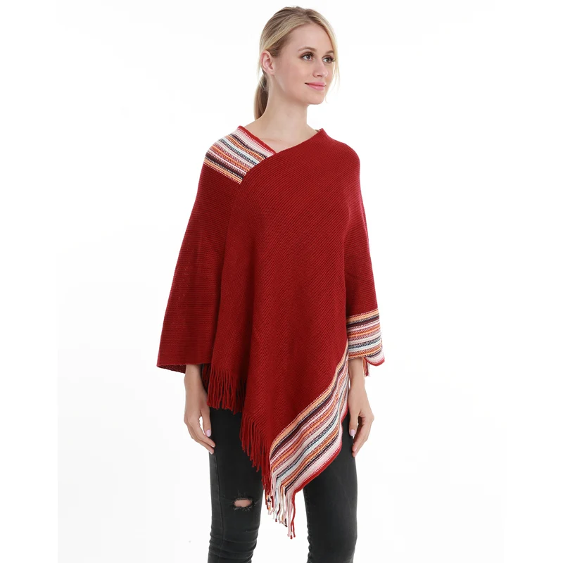 New Arrive Fashion Women Poncho Tassel Sweater Plaid Stripe Pulloer Knitted Women Sweaters And Pullovers