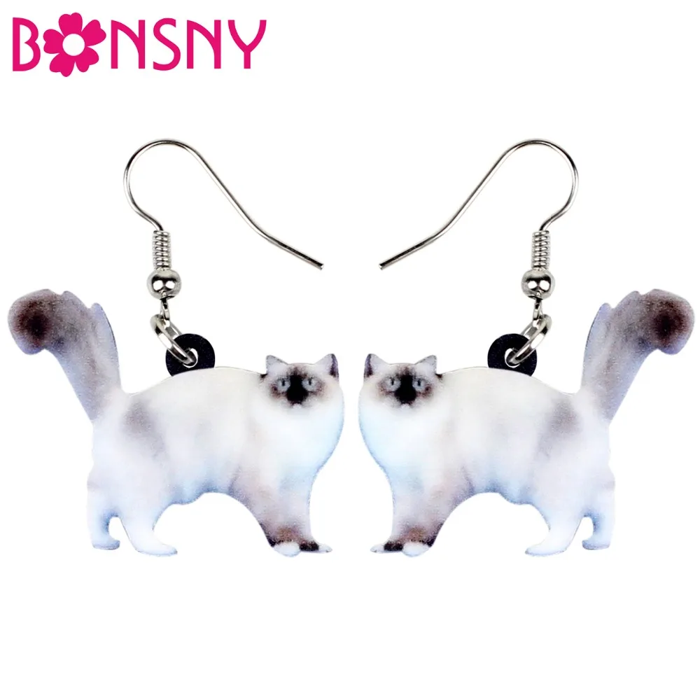 Bonsny Acrylic Fluffy Birman Cat Kitten Earrings Drop Dangle Cute Animal Jewelry For Women Girls Teen Gift New Pet Charms Charms