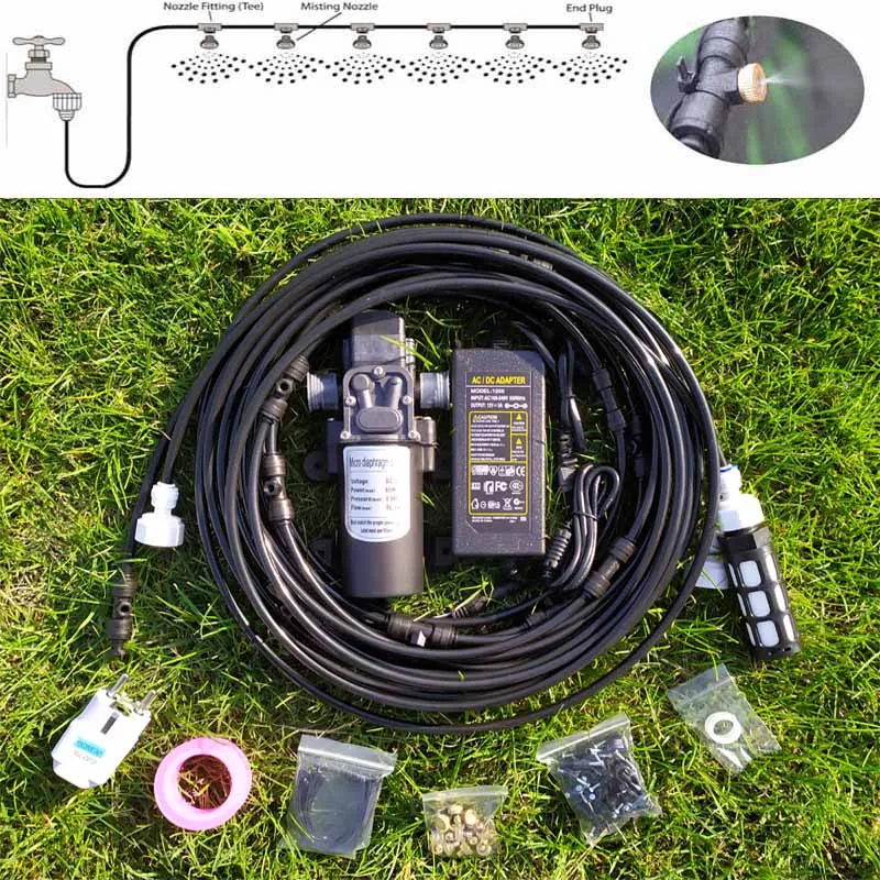 12M Water Mist Spray Electric Diaphragm Pump Kit Fog Machine Automatic Nebulizer Wth Brass Nozzles  For Garden