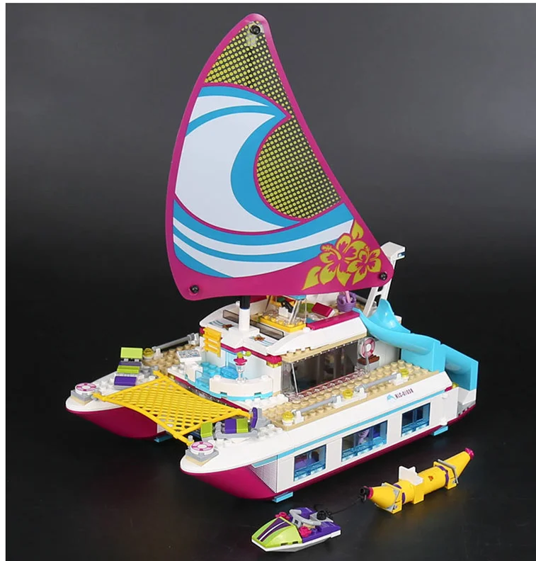 [Funny] 651pcs Friends Girl Series Dolphin ship Building Blocks Sunshine Catamaran boat kids Bricks toy kids baby gift