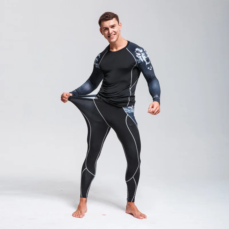 Men's Ski Underwear Sport Compression Second Skin Long Sleeve Shirt + Bottom 2 piece Tracksuit Rashguard Fitness Running Suit