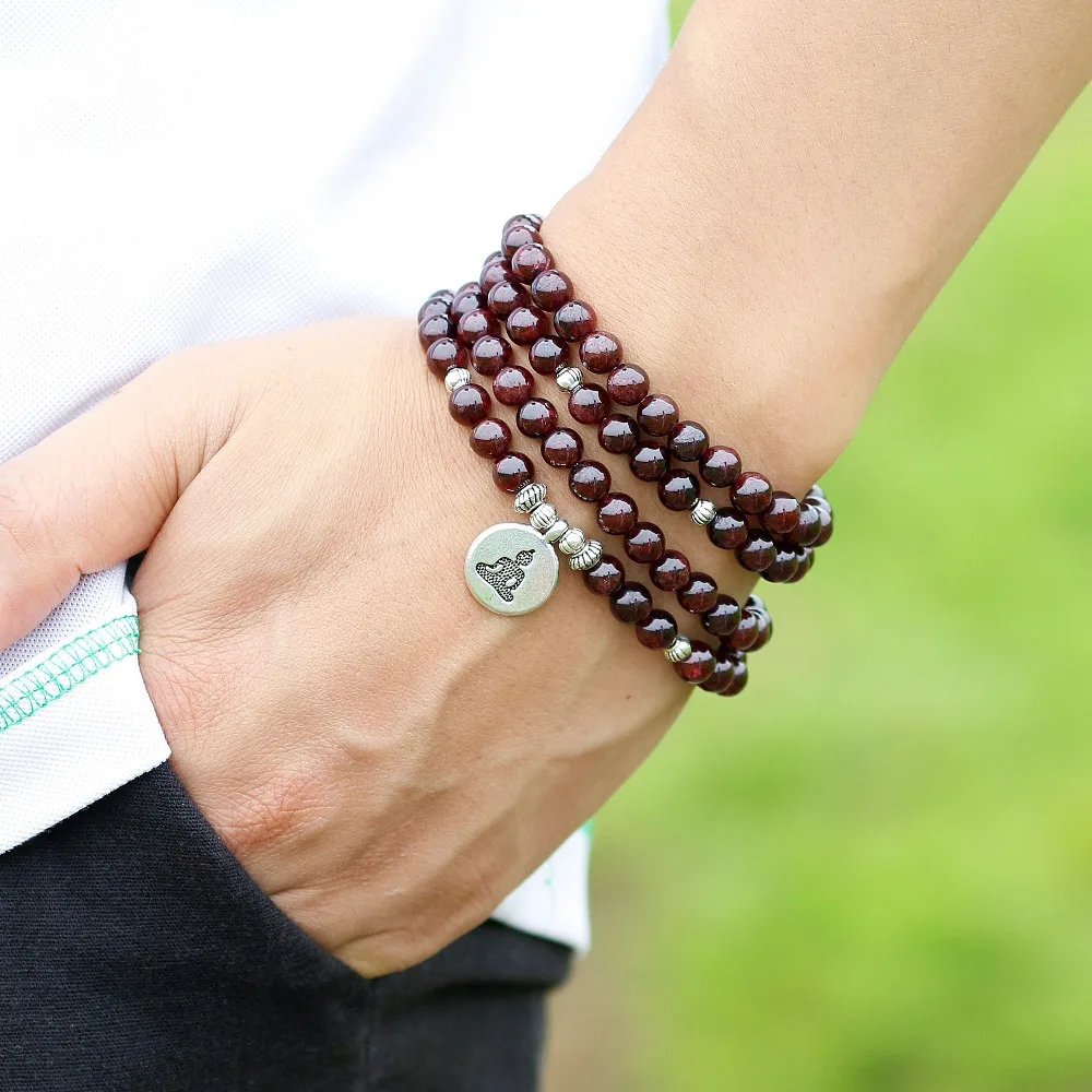 Natural A Garnet 108 Beads Mala Bracelet 6MM Stone Women Men Meditation Lotus OM Charm Yoga Bracelets Drop shipping