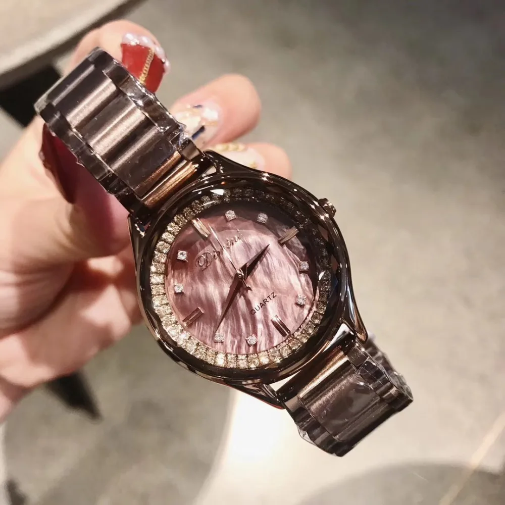 Cool Caramel Women New Brand Fashion Watches Luxury Inner Crystals Dress Wrist watch Anti Fading Full Steel Bracelet Watch Shell