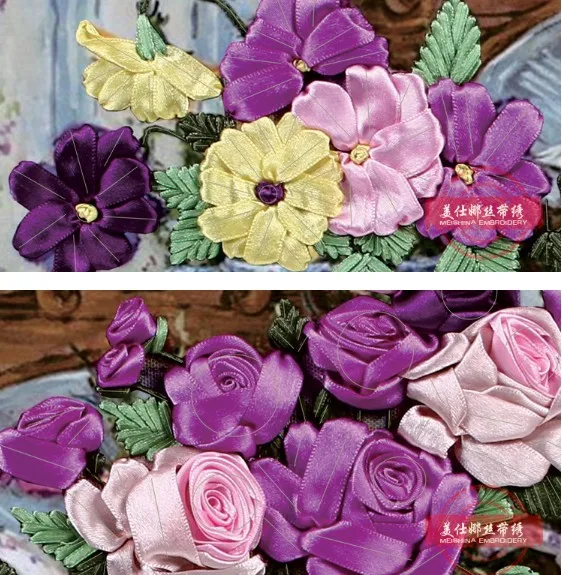 3d rosa fiori pittura del ricamo del nastro set artigianato del ricamo cerchio diy handmade needlework arte della parete decorazione regalo