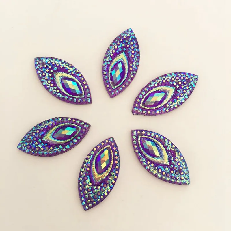 AB Resin Horse Eye Flatback Peacock Eye Rhinestone Wedding Decoration 2 Hole 40PCS 11*22mm ID34*2