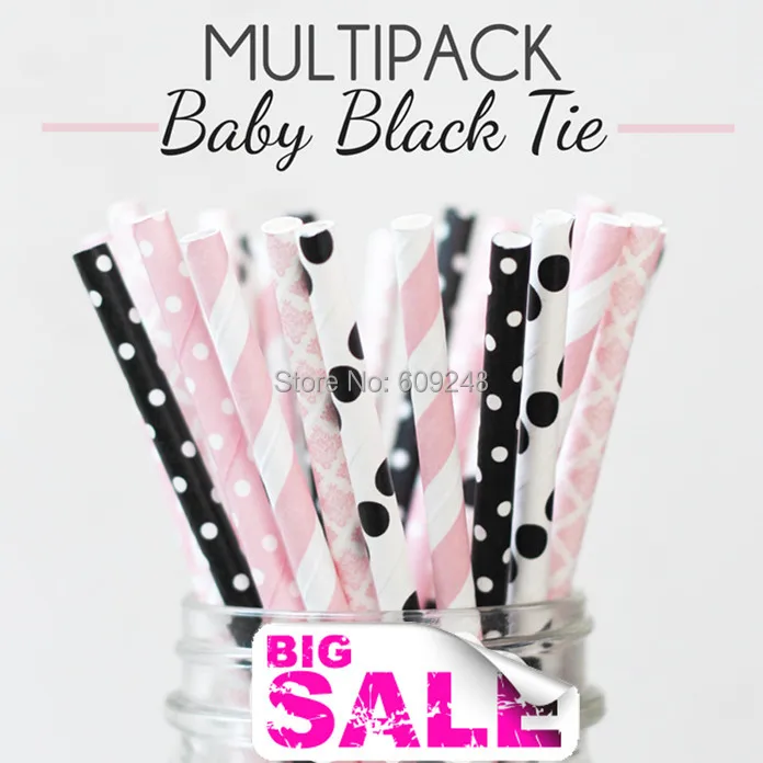 125 Pcs Mixed Colors BABY BLACK TIE Paper Straws,Baby Pink Stripe,Damask and Swiss Dot,Black Polka Dot,Colorful Party Drinking