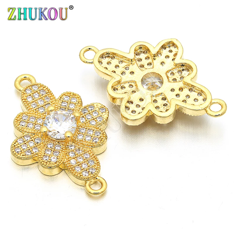 17*25mm Brass Cubic Zirconia Flower Charms Connectors for Diy Jewelry Findings, Hole: 1.5mm, Model: VS44