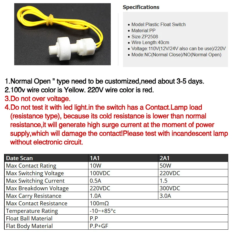 M8*25mm 100V 220V Float Switch Mini Type Poly Propy Water Level Liquid Sensor Normal Close