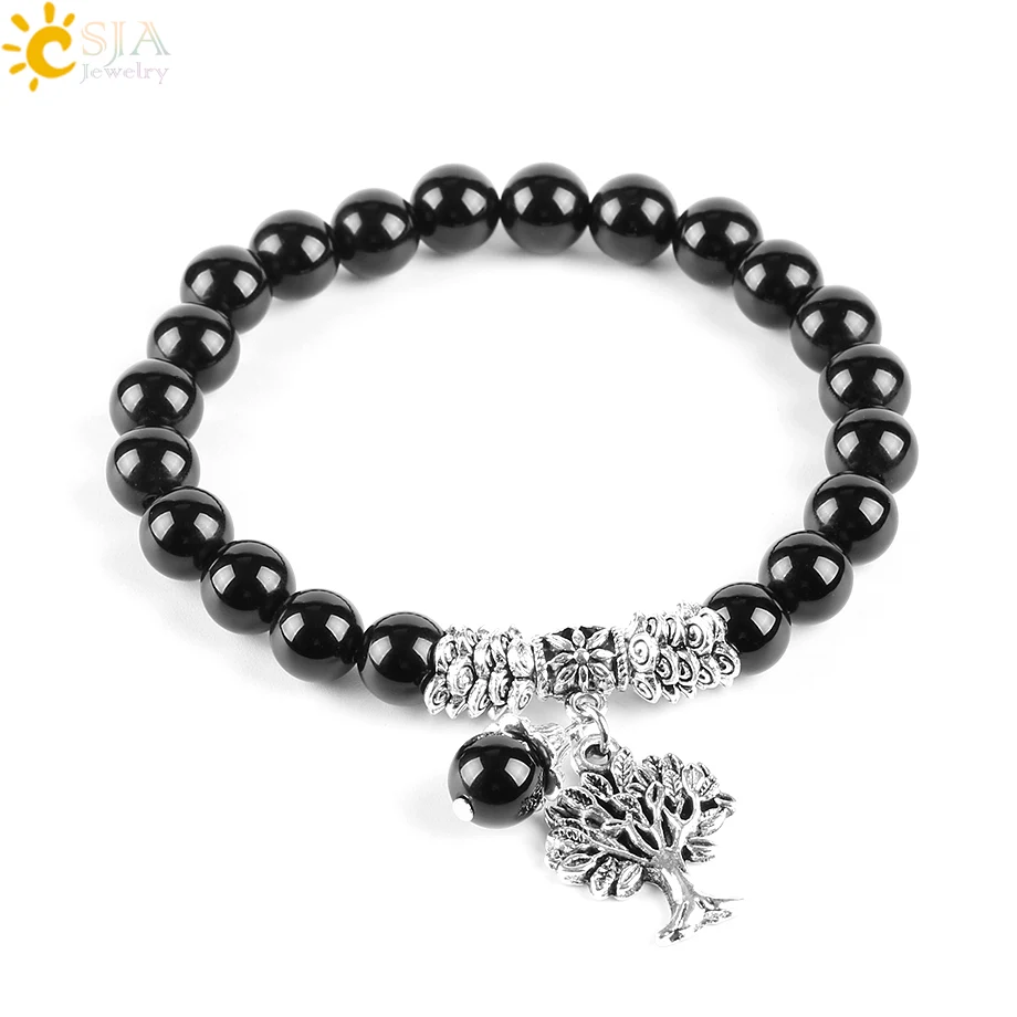 Csja pulseiras extensíveis de cura para homens, ônix natural preta, contas de ioga mala, cor prata antiga, joia da árvore da vida, e744