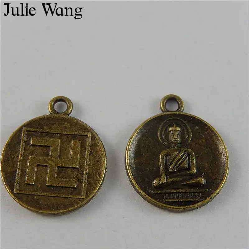 Julie Wang 20PCS Round Buddha Swastika Antique Bronze Alloy Charms Vintage Jewelry Necklace Pendants Finding DIY Phone Decor