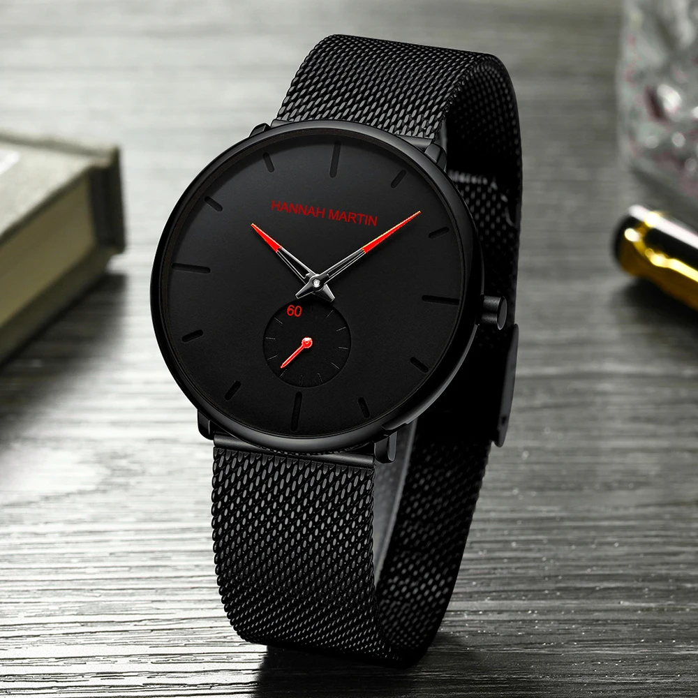 HM luxury brand men\'s waterproof watch men stainless steel net band small dial quartz watch relogio masculino