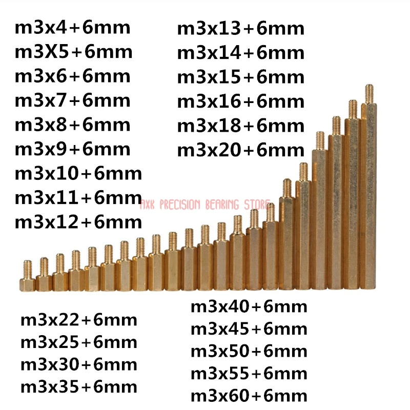 M3 Male 6mm x M3 Female 4-60 mm Brass Standoff Spacer M3 (4-60)+6 Copper Hexagonal Stud Spacer Hollow Pillars m3*(4-60)+6mm