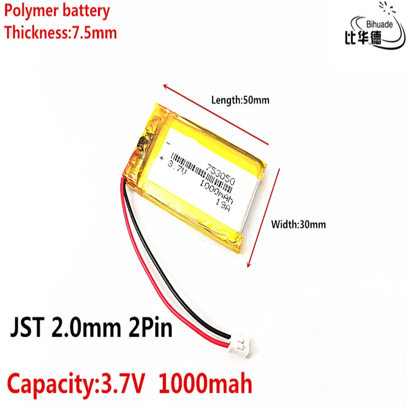 JST 2.0mm 2Pin Liter energy battery 3.7V lithium battery early 753050 1000mAh headlight GPS navigator general polymer batteries