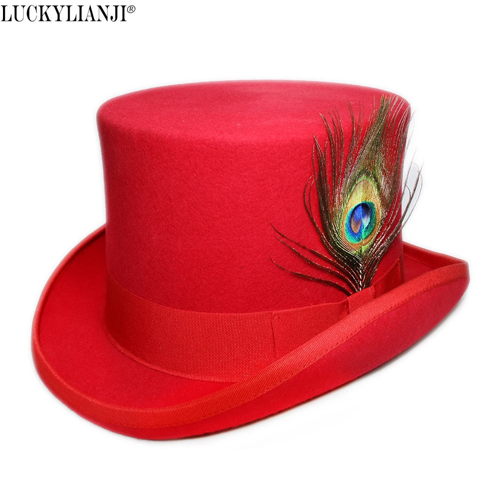 

LUCKYLIANJI 4 Size Women's Men's High Round Flat Top Real Peacock Hair Wool Felt Magician President Lincoln Gentleman Bowler Hat