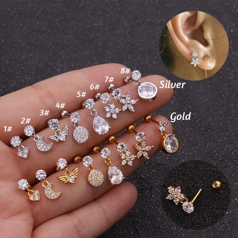 1Pc Summer style 8 Stylegold heart hexagon crystal tragus ear piercing plug stainless steel daith earrings helix cartilage s