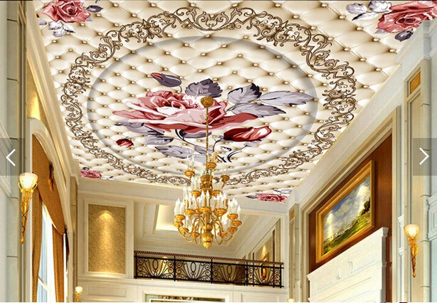 Custom wallpaper ceiling,European soft pack hand painting flowers,3D retro for bedroom ceiling restaurant wall papel de parede