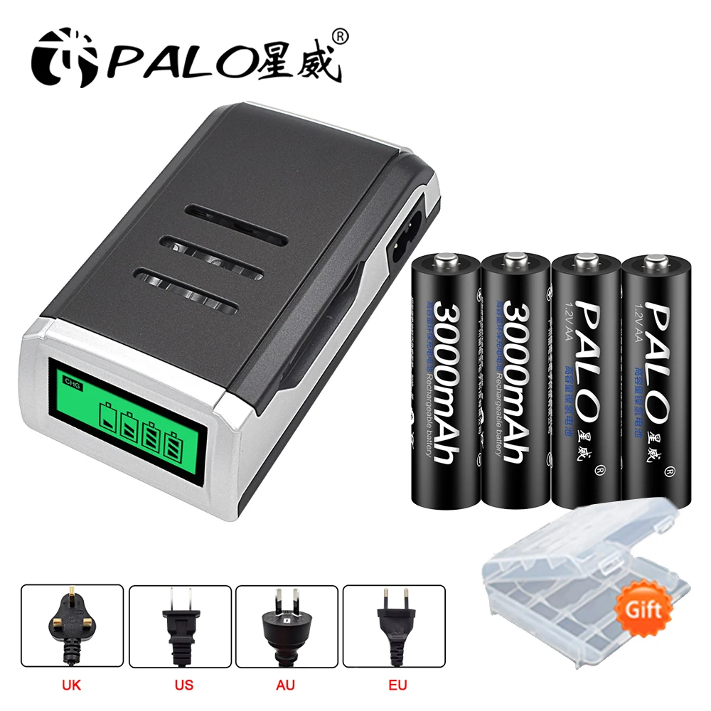 

PALO 1.2V NI-MH 3000mAh AA Rechargeable Batteries + LCD Smart AA Battery Charger for AA AAA Rechargeable Battery