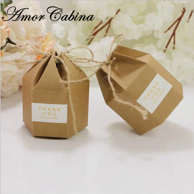 50pcs Simple kraft paper gift kraft carton lantern six hexagon carton paper packaging brown candy box