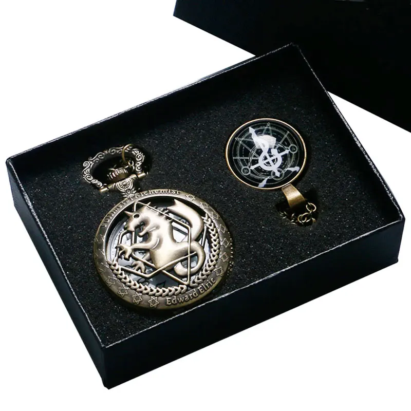 Antique Bronze Fullmetal Alchemist Theme Edward Elric's Pocket Watch With Glass Dome Pendant Necklace & Gift Box YISUYA23