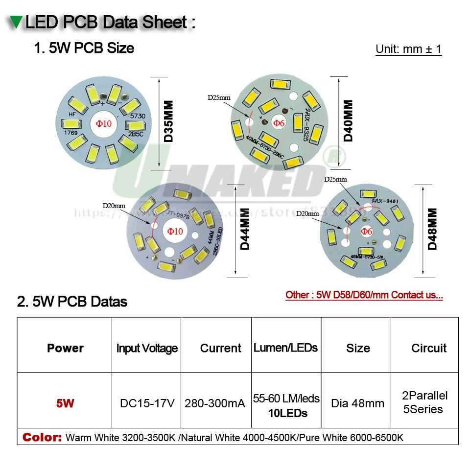 UMAKED 5W 44mm LED PCB Light board Installed SMD5730 LED Chips Aluminum Lamp plate Warm/Natural/White for Bulb Ceilig lights DIY