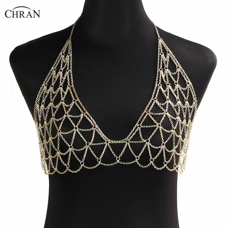 

Chran New Women Silver Gold Tone Mesh Beach Chain Bra Slave Harness Necklace Sexy Beach Wear Jewelry For Women Gifts DDBC4131