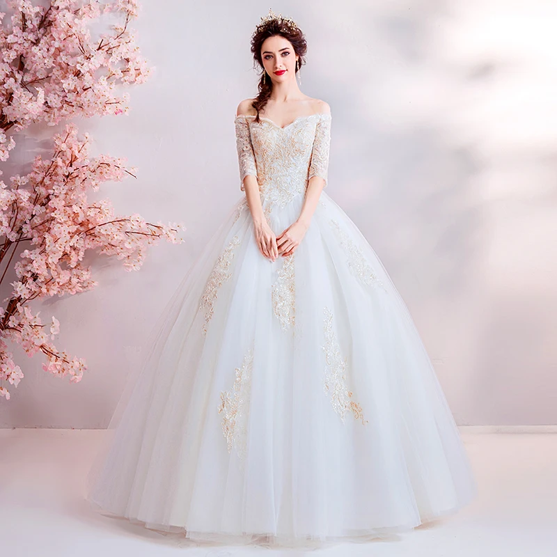 Vintage Ball Gowns Wedding Dresses With Gold Appliques 2019 New Vestidos De Noivas Full Length Puffy Ball Gown Bridal Dresses