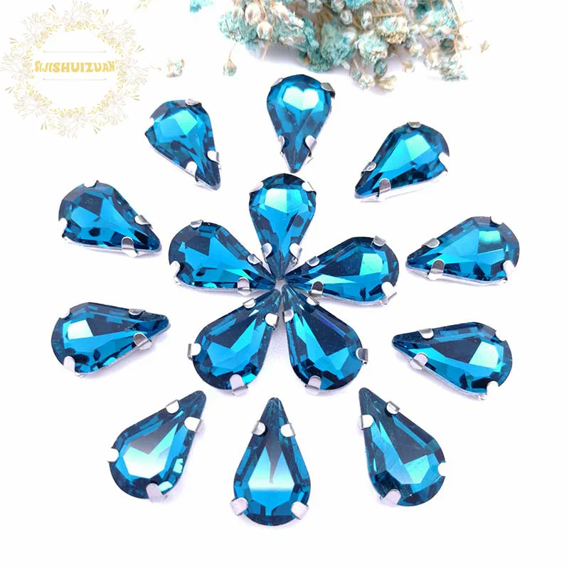 Twinkling Peacock Blue Tear Drop Glass Rhinestones Glass Crystal Rhinestones Sew on Garment Crafts Jewelry Clothing Accessories