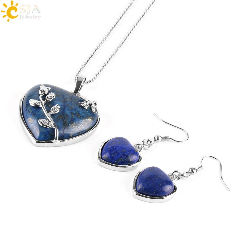 CSJA Girl Women Love Heart Jewelry Sets Reiki Natural Gem Stone Lapis Lazuli Necklace Drop Earring Set Leaf Pendant Wedding E425