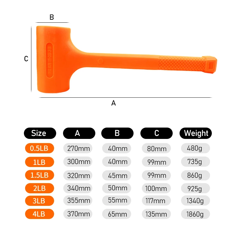 0.5-4LB Dead Blow Mallet Orange Soft Rubber Unicast Hammer