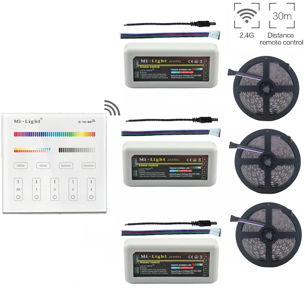 5m/10m/15m/20m 5050 RGBW RGBWW Led Strip Light DC12V+Mi.ight 2.4G RGBW Led Controller+B4 Wall Mount Led Panel Remote