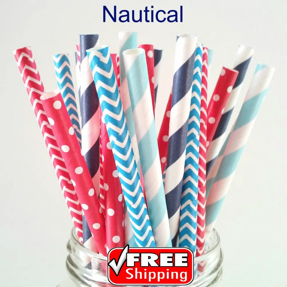 250 Pcs Mixed 5 Designs NAUTICAL Themed Paper Straws-Light Blue,Royal Blue,Navy,Red-Striped,Dot,Chevron Birthday Party Drinking