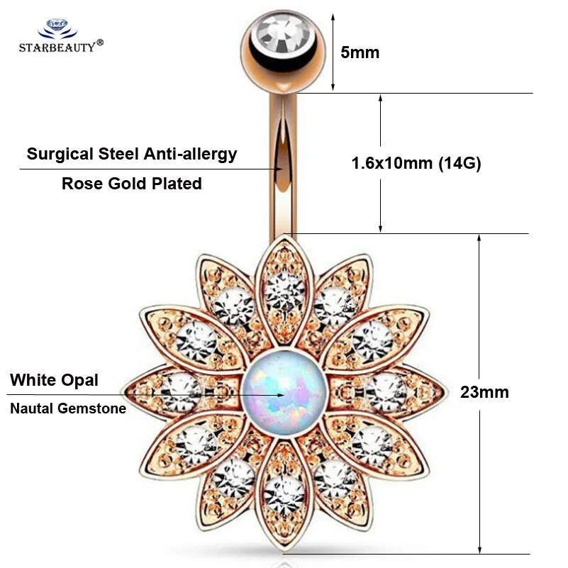 1Pc White Opal Lotus Belly Button Rings Navel Piercing Ombligo Stainless Steel 1.6x10mm Bar Flower Belly Ring Pircing Earring