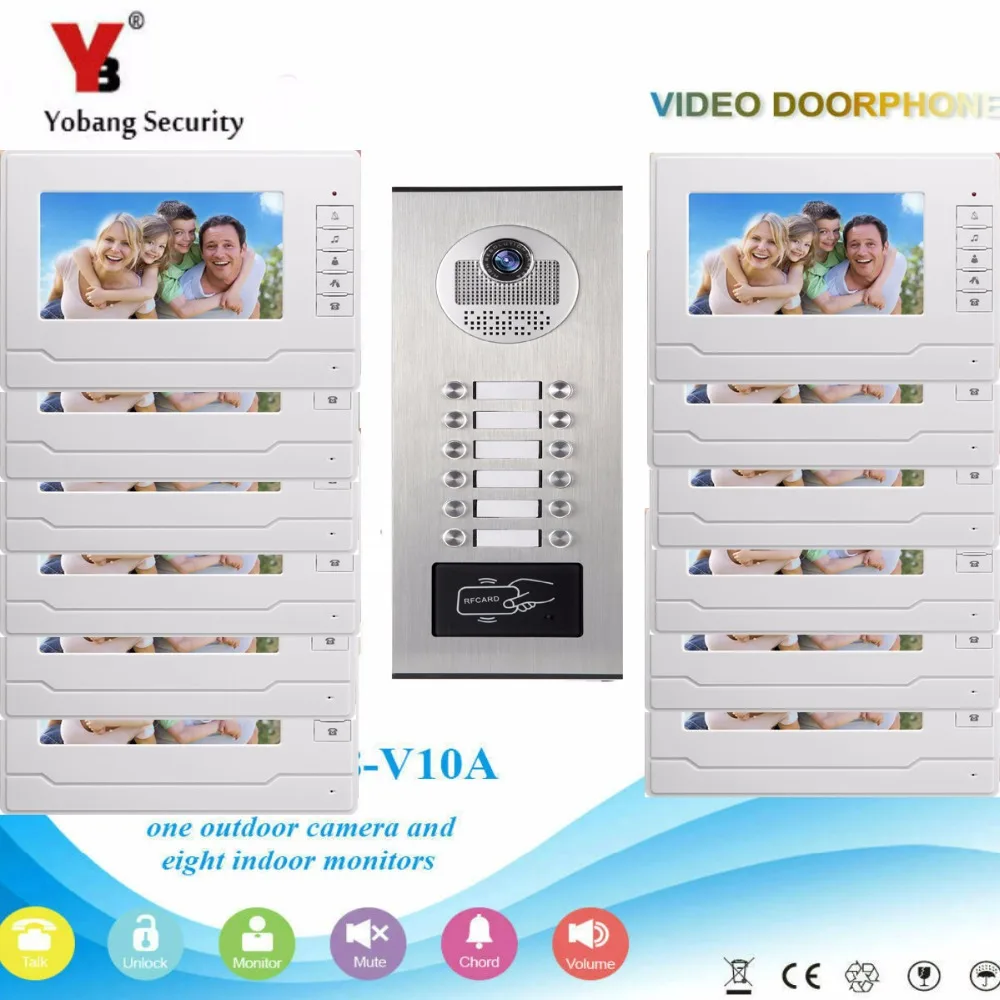 Yobang Security 12 Units Apartment Color Video Door Phone Intercom System 7 inch LCD + RFID Access Outdoor Nihgt Vision Cam