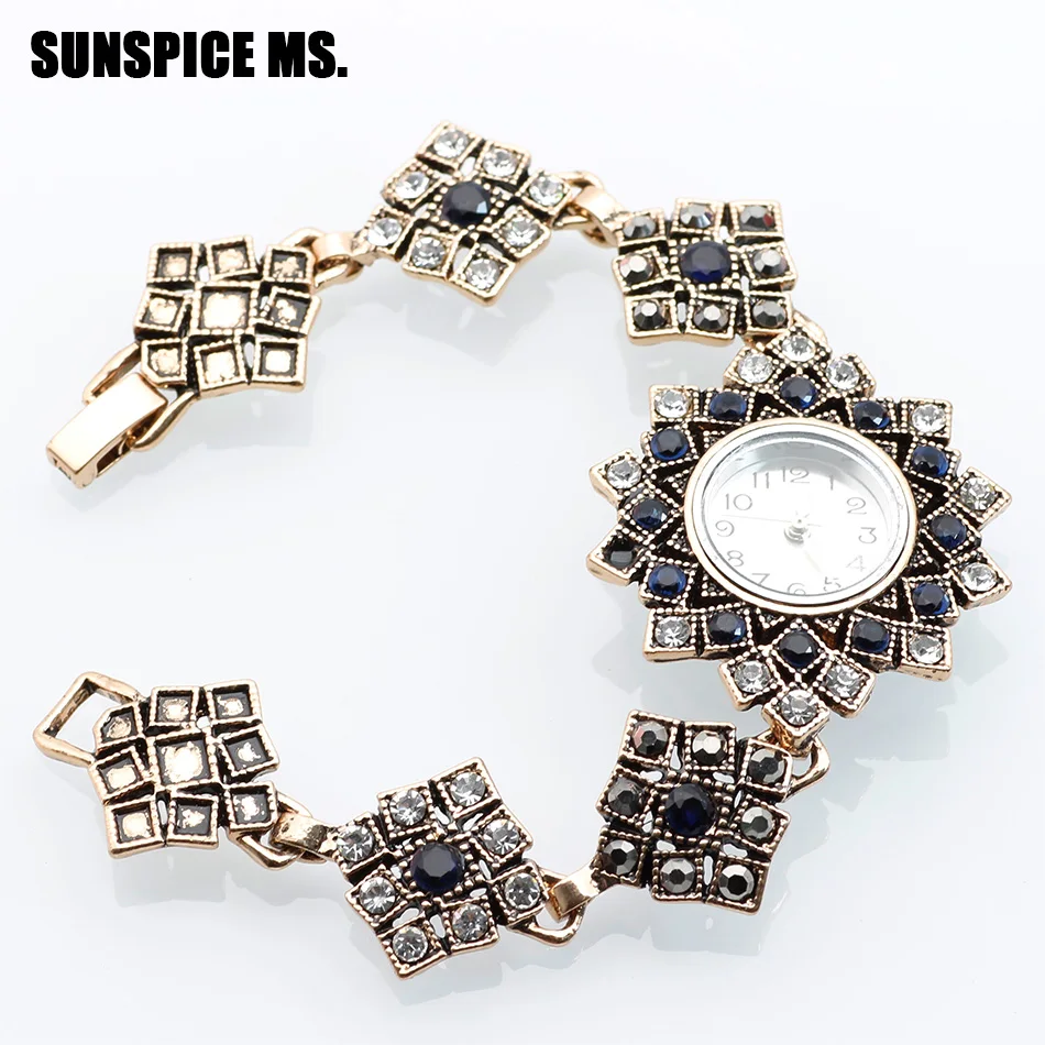 New Turkish Women Crystal Bracelet Wrist Watch Antique Gold Color Quartz Watch Resin Jewelry Bohemia Festival Gift SUNSPICE MS.