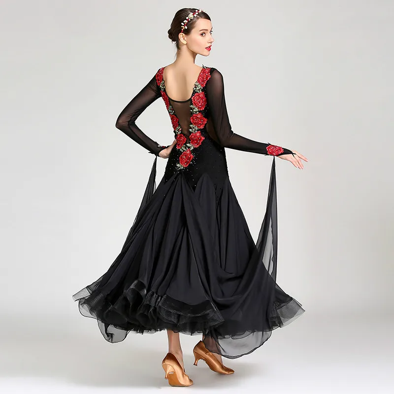 Embroidery Waltz Tango Standard Flamenco Womans Ladies Ballroom Dance Competition Dance Wear Dresses Black Mesh Long Sleeve