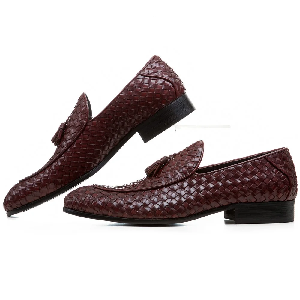 Breathable Brown Tan / Black Woven Design Loafers Summer Mens Wedding Groom Shoes Genuine Leather Male Dress Shoes With Tassel