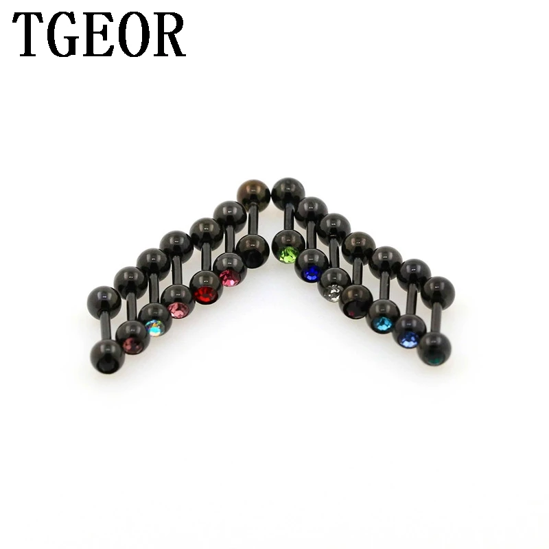 

Free shipping 100pcs 1.2*6*4/4mm surgical Stainless Steel gem crystal earring mixed 14 colors stones black tragus piercing