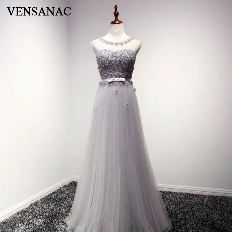 

VENSANAC New A Line Lace Appliques O Neck Long Evening Dresses Sleeveless Elegant Beadings Sash Tank Party Prom Gowns