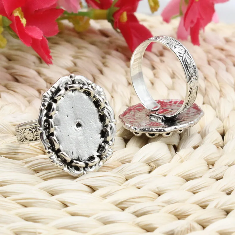 Fit 13x18mm Cabochons Finger Ring Oval Antique Silver Cameo/Glass/Cabochon Frame bezel Setting adjustable 5pcs/lot (K05131)